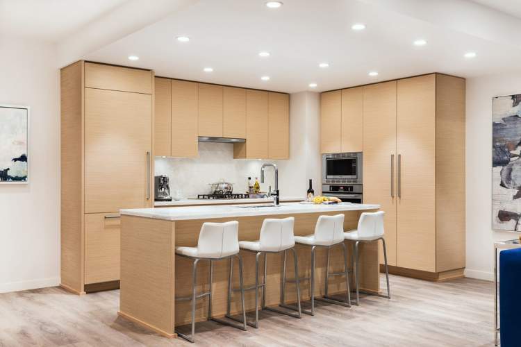 Fully-integrated European appliances, marble countertops, and double stainless steel sink.