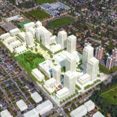 Aerial perspective of Cambie Gardens master-planned community.