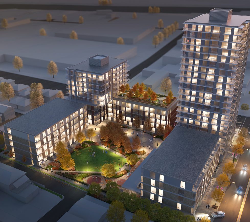 Artist rendering of aerial perspective of Fraser Commons.