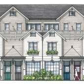 Detailed artist rendering of Dutch-style presale townhomes in North Vancouver.