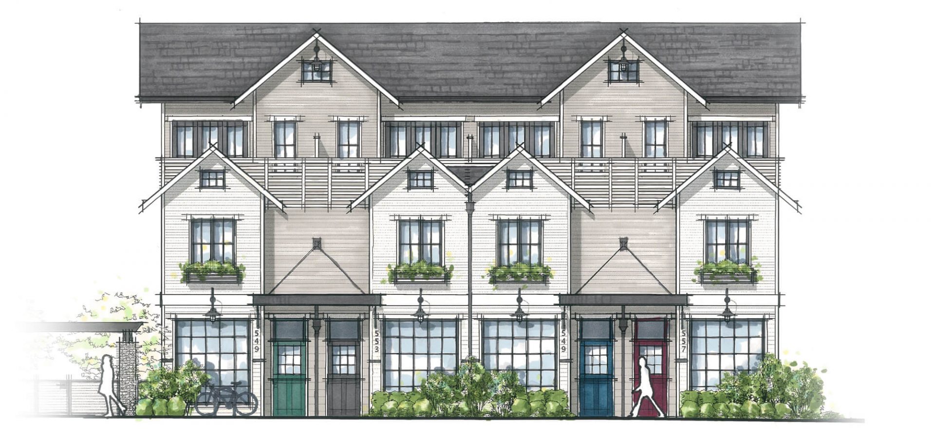 Detailed artist rendering of Dutch-style presale townhomes in North Vancouver.