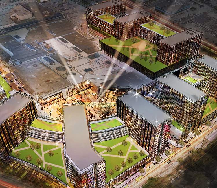 Artist's rendering of the redevelopment of CF Richmond Centre South as seen from the air at night.