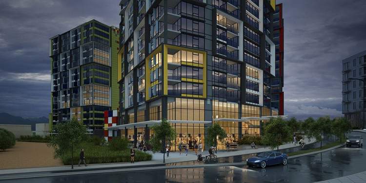 False Creek Flats live-work buildings with ground level retail.