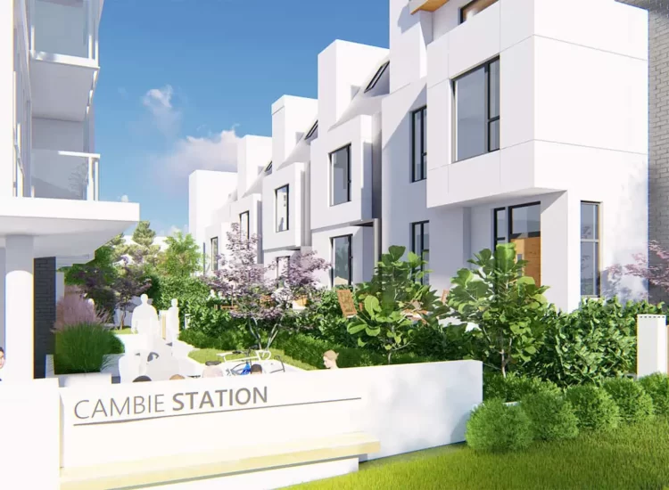 Five 2-bedroom laneway townhomes featuring landscaped patios.