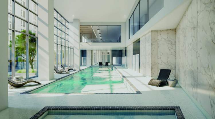 Pampering awaits off a brightly lit, southern exposed pool deck with floor to ceiling windows. Featuring 60-ft pool and hot tub, and an adjoining European spa influenced sauna and steam. 