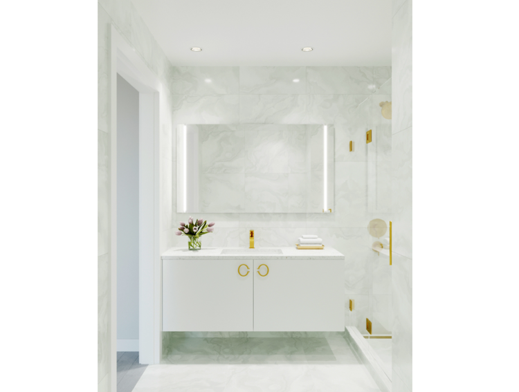 Cerasa imported bathrooms feature floor-to-ceiling marble and copper fixtures.