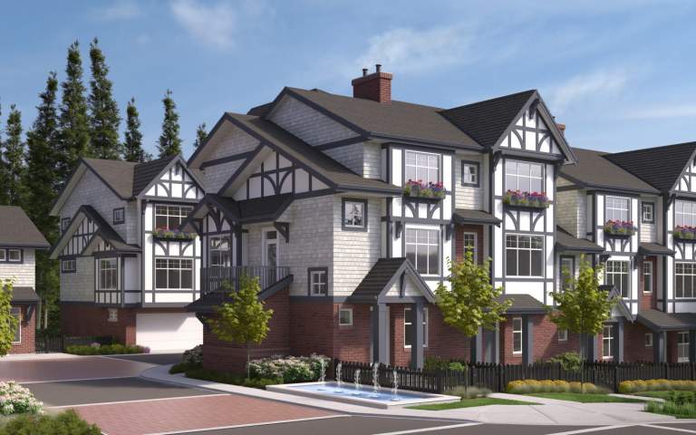 Classic Tudor elements include the decorative wood trim, embellished doorways, and flower window boxes.