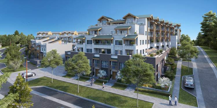 The 5-storey Residences at Touchstone Village Centre offer 1- to 3-bedroom homes.