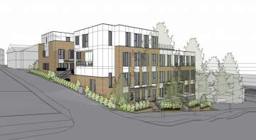 Northeast perspective of new Passive House townhomes, showing the north block.