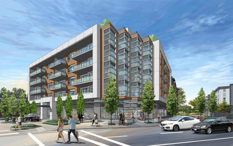 Proposed mixed-used development in North Vancouver at Bewicke & Marine Drive designed by Ankenman Marchand Architects.