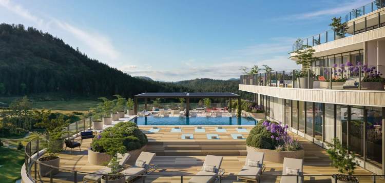 Resort-style pool with wind-protected lounge deck offers panoramic views.
