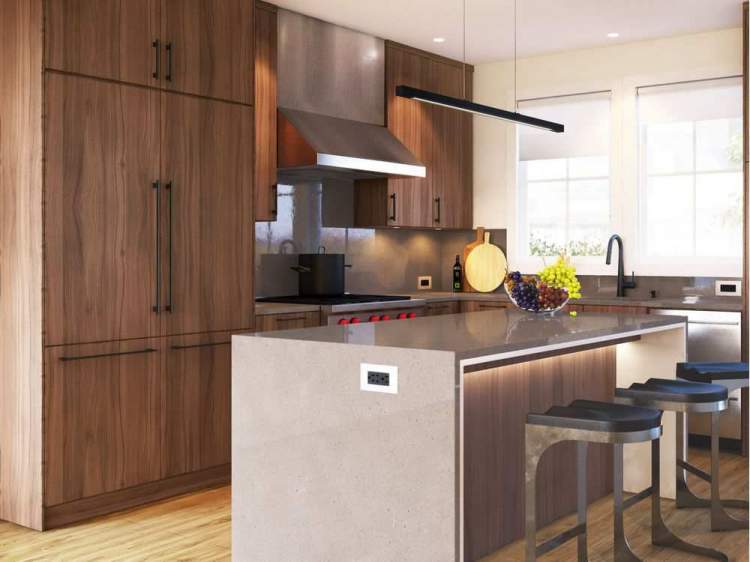 Kitchens feature appliances by Wolf, Fisher & Paykel and Blomberg with recessed under-cabinet task lighting and Kuzco modern pendant lighting above islands.