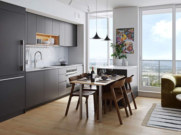 Most kitchens include a dining table that extends and retracts from the island.