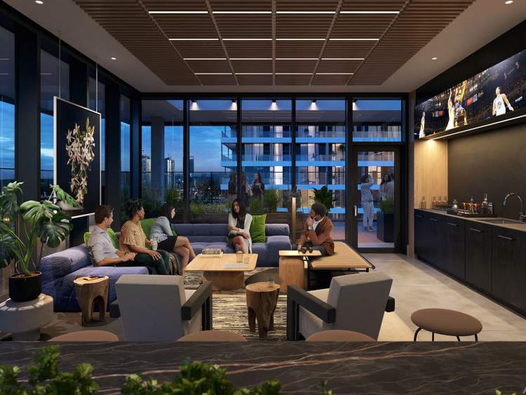 The private rooftop club includes a spacious lounge and a patio.