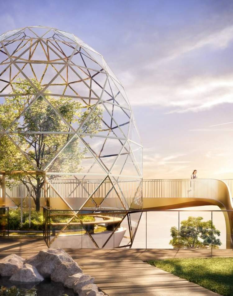 The 66,000-sq-ft Sky Park level features three beautiful spheres of private gardens and gathering places.