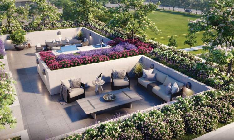 Entertain guests on the 2,000-sq-ft rooftop amenity with lounge and dining area.