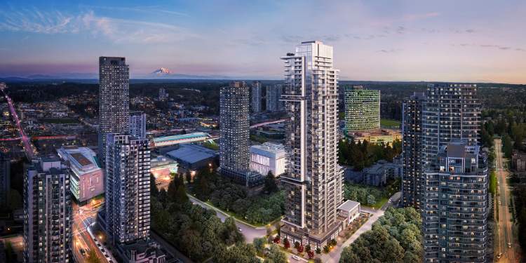 A 44-storey residential tower by Aoyuan located in Surrey's city centre.
