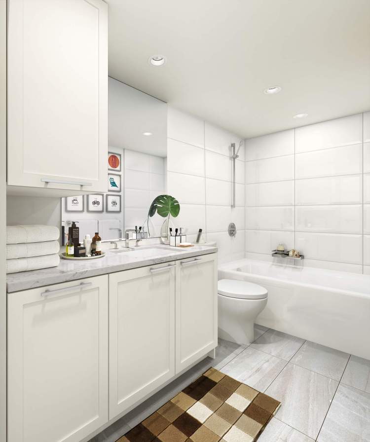 Spacious bathrooms efficiently make use of every inch, including intelligent storage options.