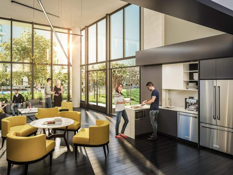 The East Tower multi-purpose room includes a kitchen and multiple seating & dining areas.