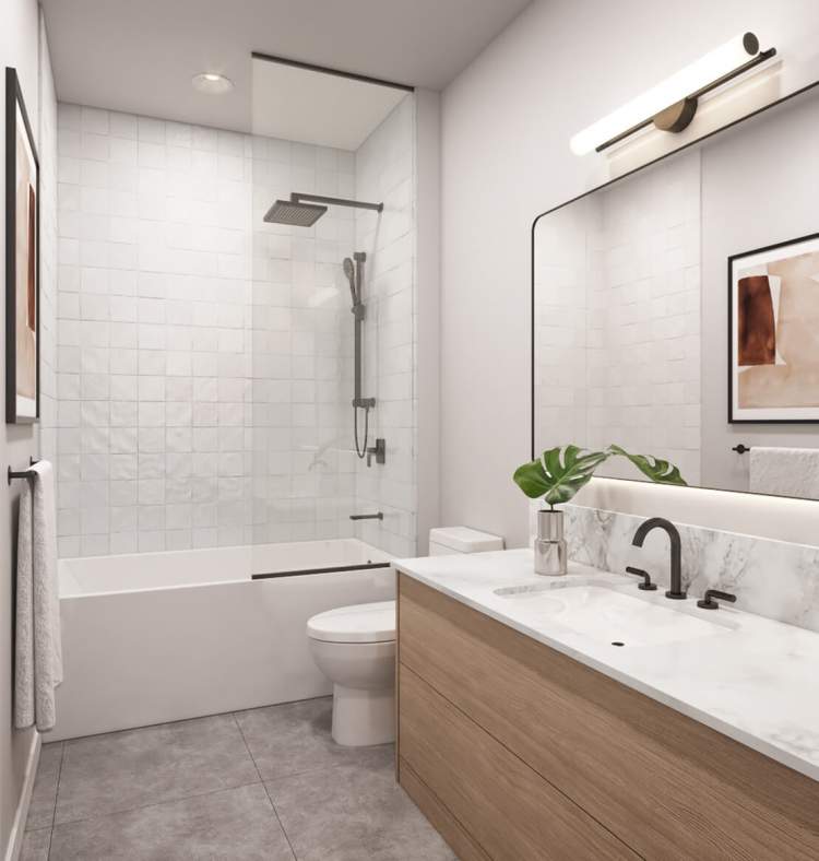 Custom tile showers with frameless glass enclosure.