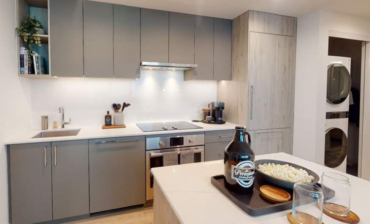 Contemporary kitchens with flat panel doors and duo colour schemes for contrast.