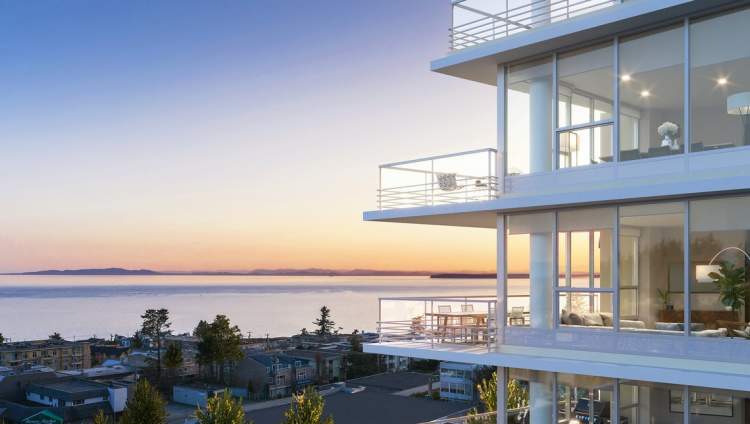 A collection of 97 White Rock condominiums with unobstructed views towards the east, south, and west.