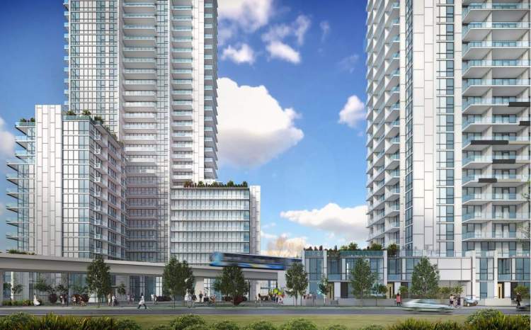 A high-density, transit-oriented development with 2 condo towers and a rental apartment mid-rise.
