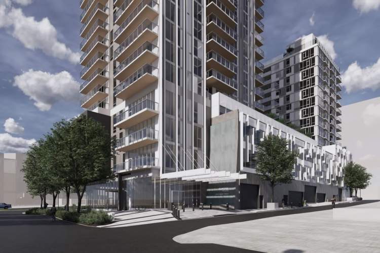 A 27-storey condo tower on the south is connected to the apartment building by a shared 4-storey podium.