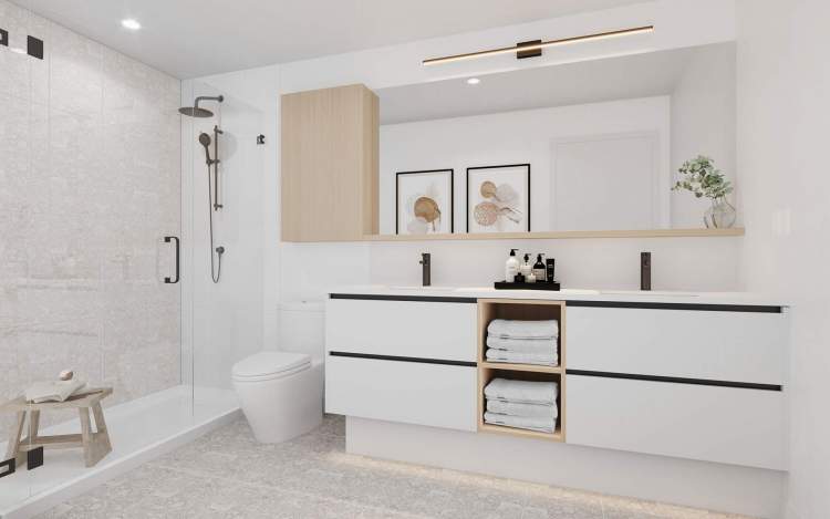 Harlo: Bathroom Sleek cabinetry with integrated shelving is topped with quartz countertops and undermount sinks.