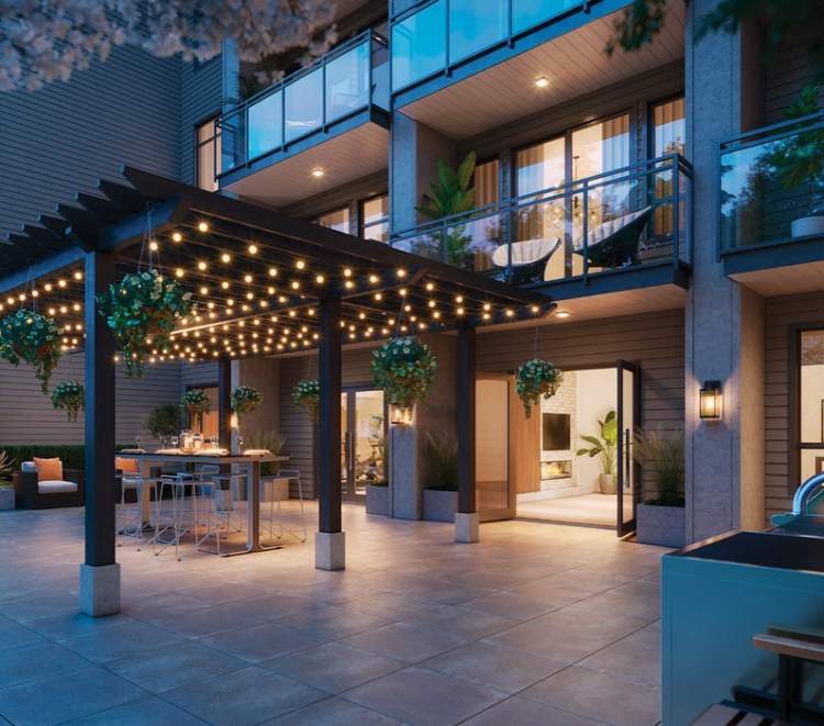A resident courtyard includes a barbeque, tables and chairs under a large wooden trellis, and movable patio furniture.