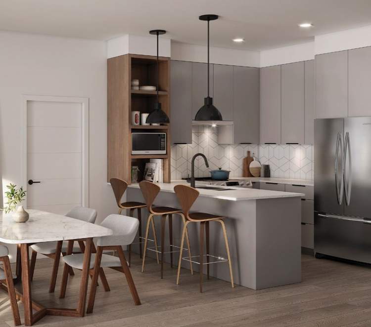 Kitchens include wide-plank vinyl flooring and a Samsung stainless steel appliance package.