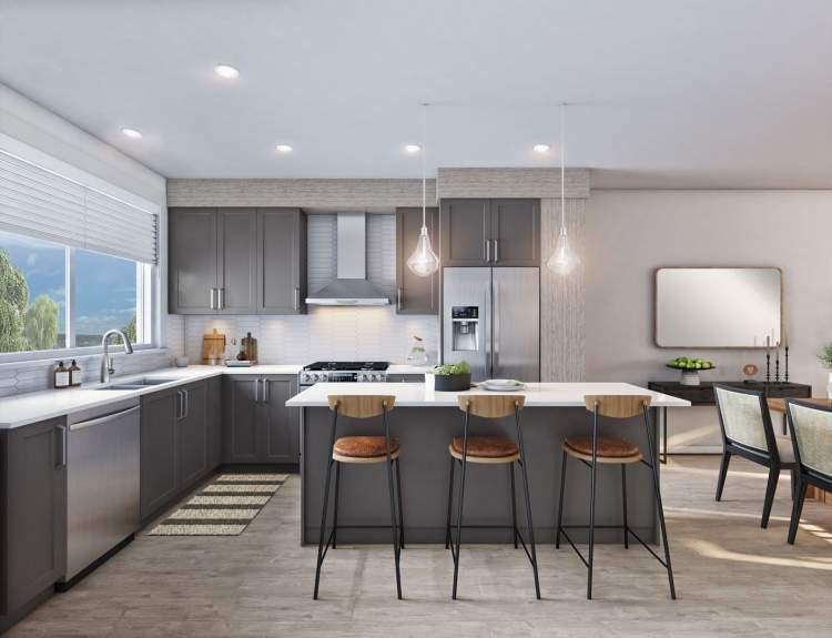 Spacious kitchens with Shaker cabinetry, large kitchen island, and Samsung stainless steel appliances.