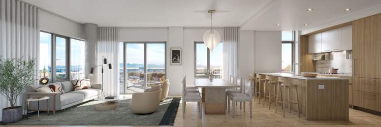 Artist rendering of main living area and kitchen.