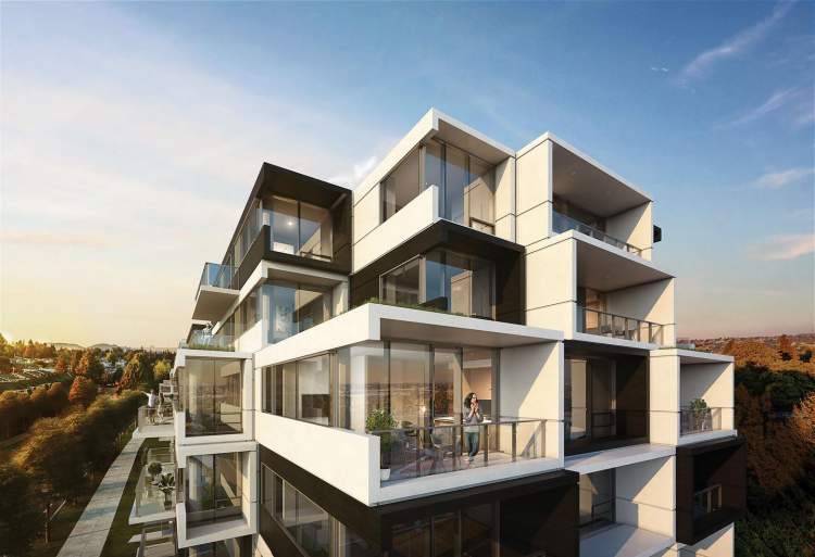 Exteriors are characterized by a two-tone colour palette, floor-to-ceiling windows, and protruding balconies.