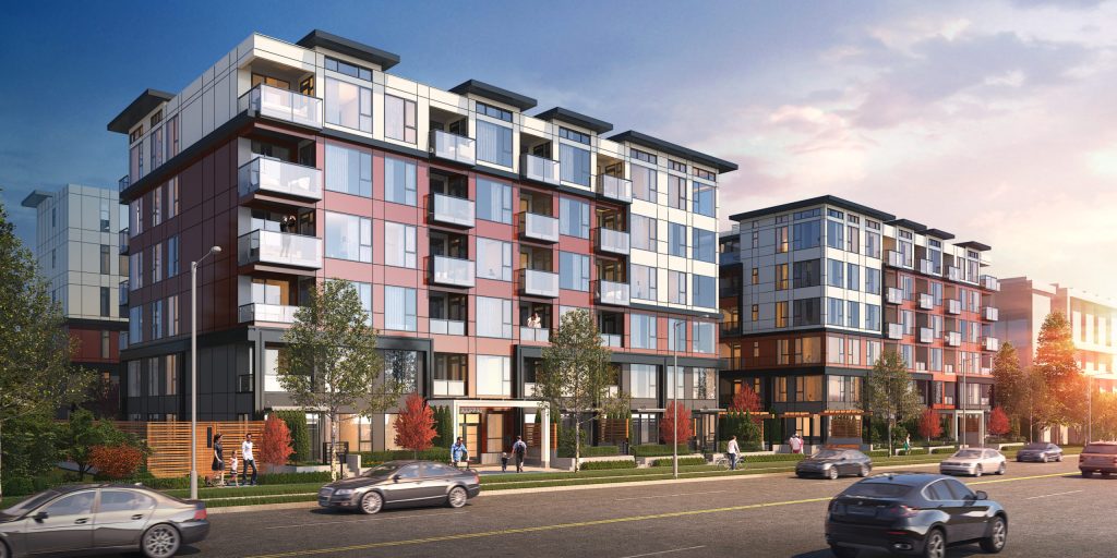 A collection of 193 condominiums in two 6-storey woodframe buildings located in Surrey City Centre.
