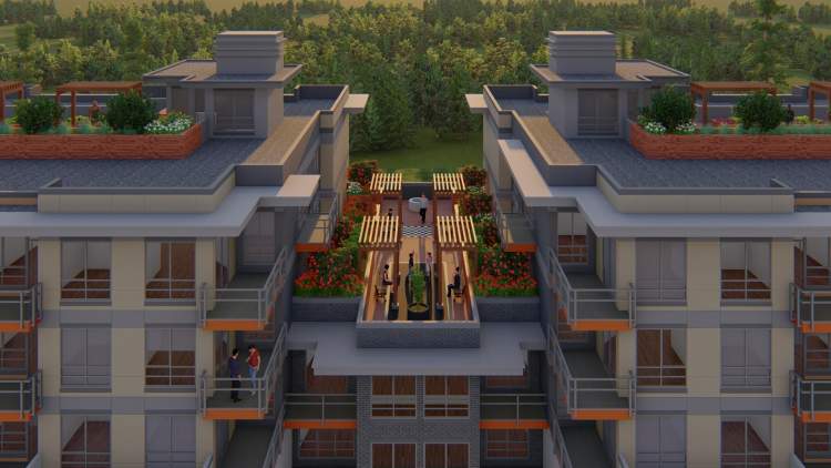 A roof garden with seating is located on top of the 4-storey form that separates the two 6-storey wings. 