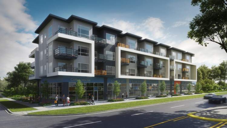 A 4-storey, mixed-use building with 38 condos coming soon to Scott Road and 85 Avenue.