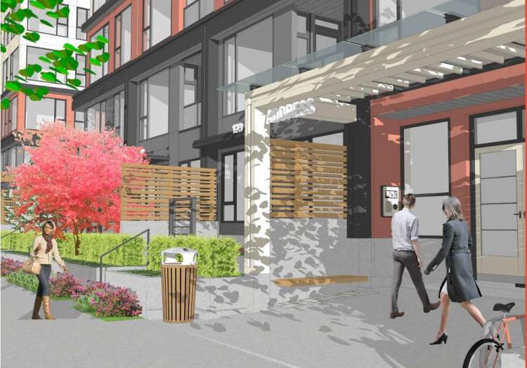 Render showing west building entry and streetscape along 108 Avenue.