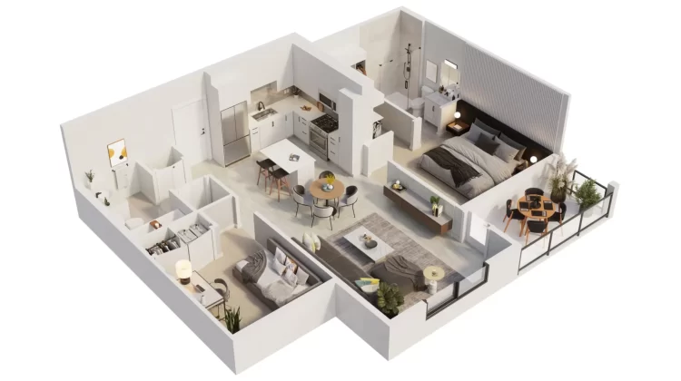 Dollhouse cutaway of 1-bedroom + den floorplan.