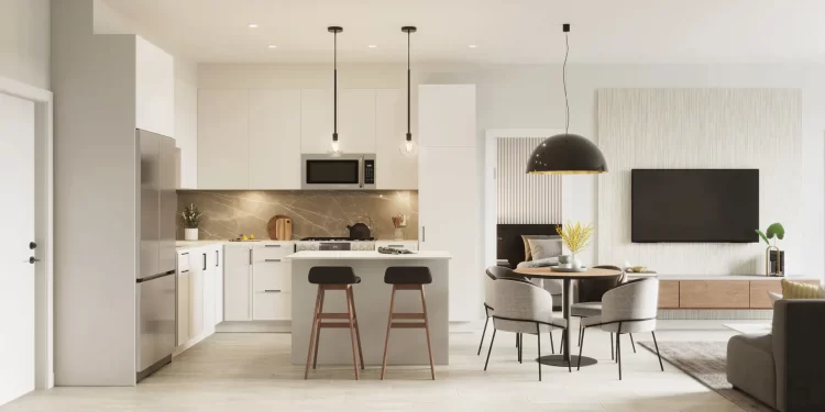 Features Samsung stainless-steel appliance package and Caesarstone countertops.