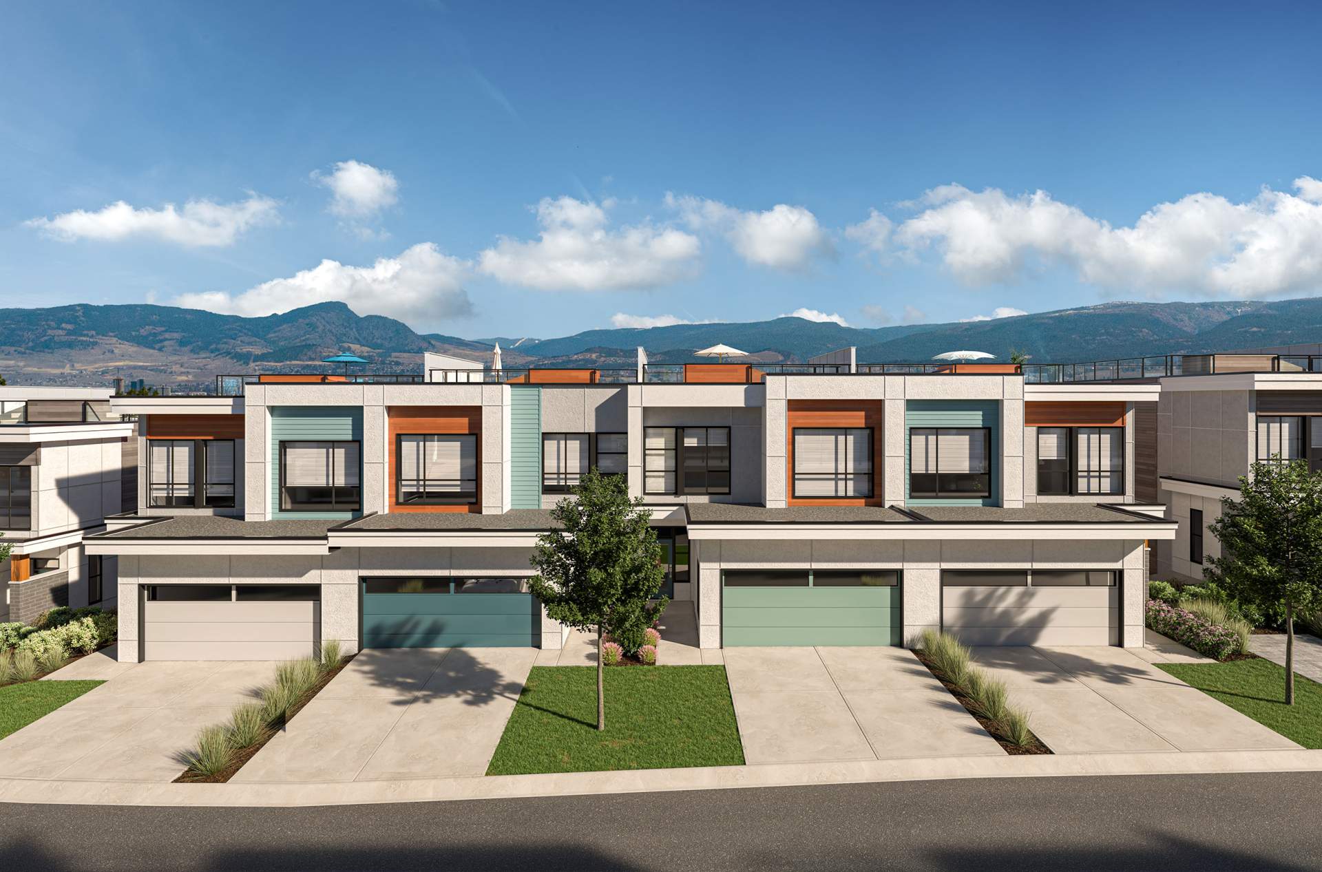 A collection of 108 West Kelowna townhomes with spacious rooftop decks.