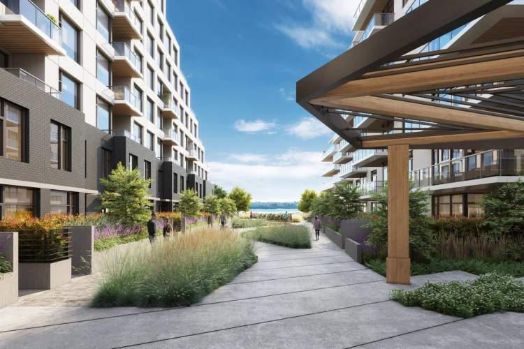 A landscaped interior courtyard provides space to socialize and connections to the waterfront.