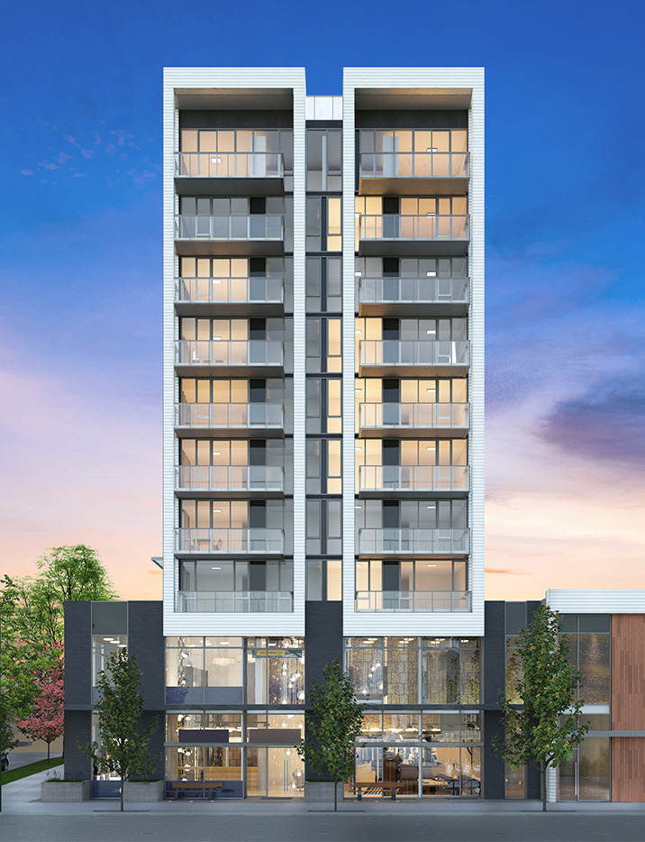 Eight storeys of condominiums above two levels of commercial space at Broadway & Spruce.