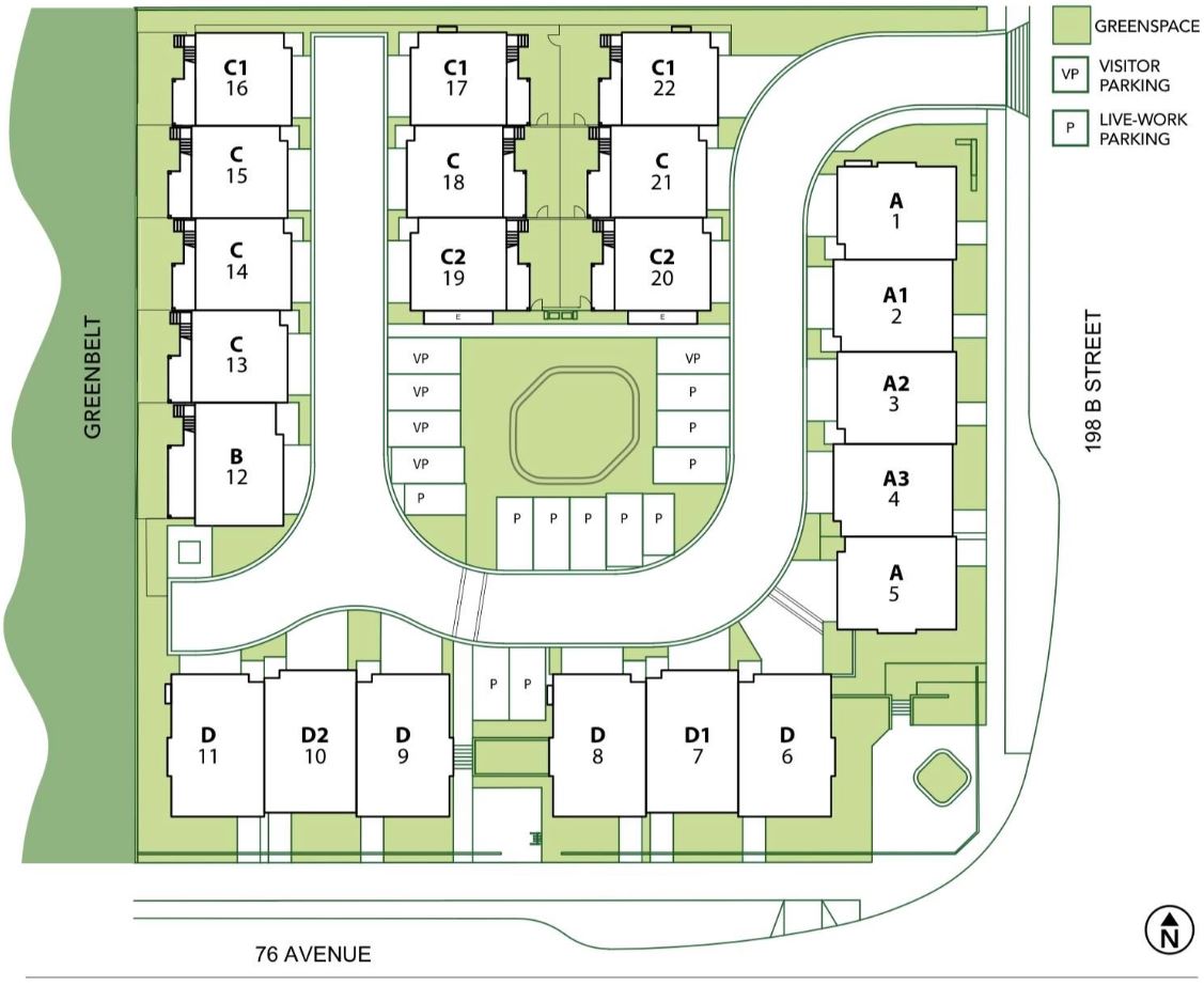 Layout of live-work units and parking spaces.