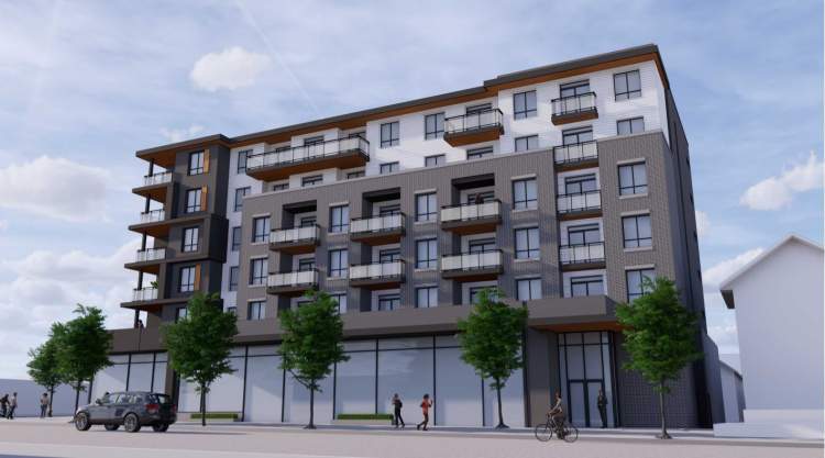 Five storeys of condominiums above one ground floor level of commercial retail units.