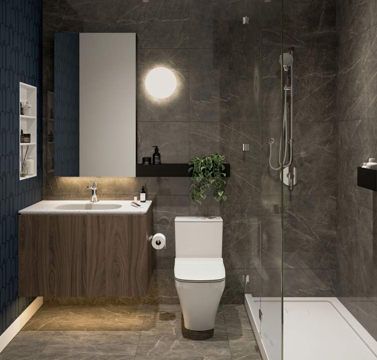 Elegance expressed with porcelain floor-to-ceiling tiling and an illuminated floating vanity.