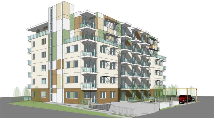 A 6-storey woodframe mid-rise with parkade and visitor parking accessible from the lane.