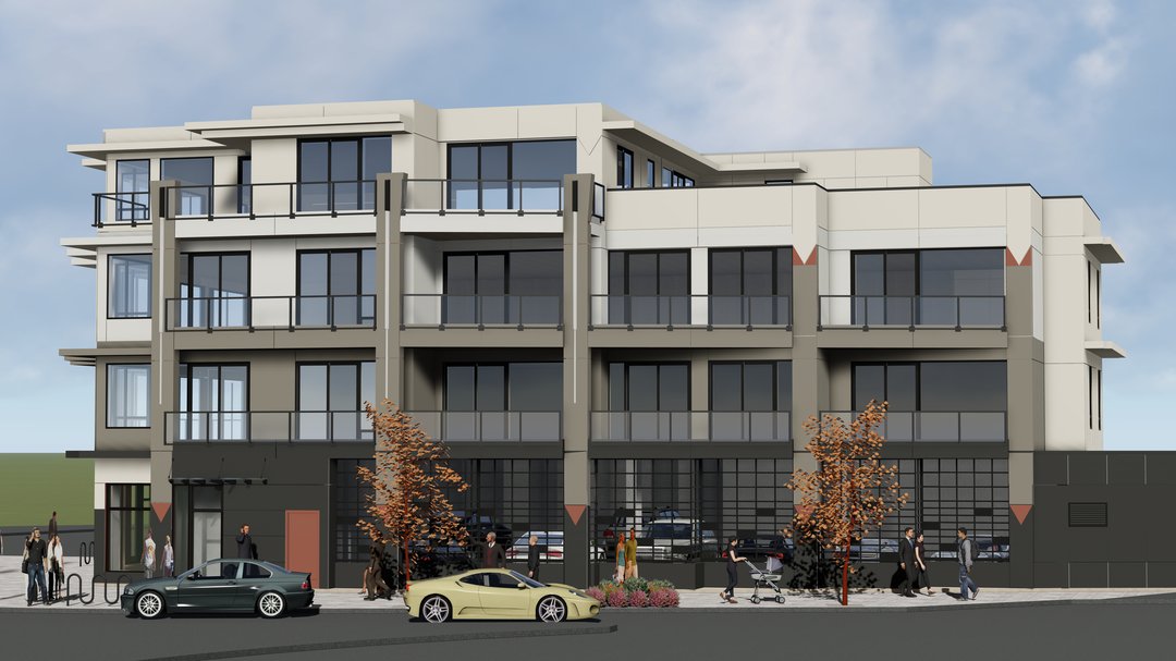 A 4-storey, mixed-use building with ground floor commercial space and six condos.