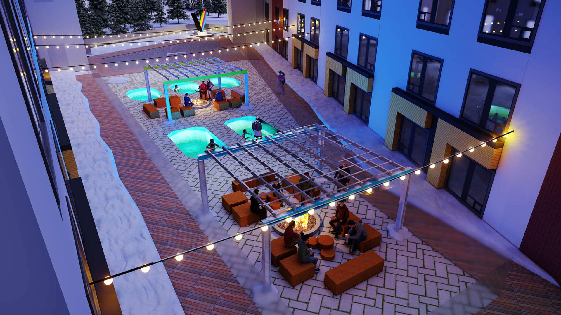 Podium courtyard offers residents a place to socialize with hot tubs and fire pits.