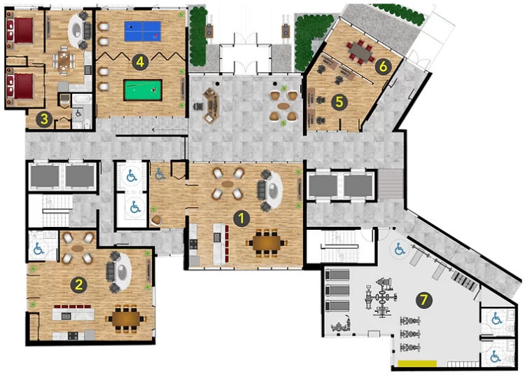 Site plan showing locations of indoor ground-floor ameninities.